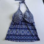 Lands End Blue Boho Chic Tankini Top padded cup bra UPF 50 Swim Suit 12 D Halter Photo 8