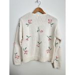 VTG Floral Embroidered Chunky Sweater Handmade Knit Pearl Button Cottage Granny White Photo 5