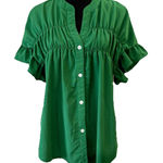 SheIn Kelly Green Button Front Blouse Ruched Ruffle Sleeve  Size Large Photo 0