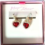 Betsey Johnson Heart Drop Rhinestone Earrings Red Gold Tone Photo 2