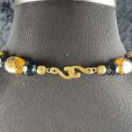 Vintage MCM Women Oval Amber Tortoise Shell Lucite & Black Beaded 24 in Necklace Photo 6