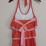Vintage Romper M Sexy Halter Pin Up Layered Polka Dot Nylon Tie Back Outfit Red Size M Photo 3