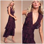 Lulus Dress Women XS Burgundy Molinetto Lace Ruffled Tiered Sleeveless Maxi Boho Red Photo 2
