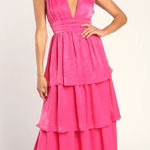 Lulus New Peak Party Vibe Hot Pink Satin Tiered Tie-Back Midi Dress Size S Photo 0