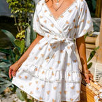 Simplee Apparel NWT Simplee Floral Surplice Neck Dot Belted Lace Trim Layered Hem Schiffy Dress Photo 0