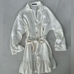 ZARA Linen Blend Ruffle Hem Belted Shirt Dress Cream/ Ivory Belted Size M Photo 5