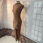 Dress Forum  Tan Metallic Glitter High Neck Ruched Slit Bodycon Midi Dress Small Photo 5