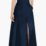 Alfred Sung  Maxi Gown Women's 14R Navy Blue Square Neck Satin A-Line Sleeveless Photo 0