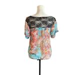 Women’s Lace Back Sheer Blouse Crop Sz L Blue Floral Flowy Prairie Fairy Top Size L Photo 2