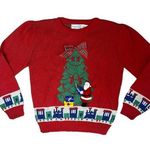 Vintage Christmas Holiday Touchy Subjects Sweater Santa Tree 3D Knit Train Bow Red Size M Photo 0