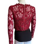 Maniju  Medium Full sheer Floral Lace Burgundy Long Sleeve Red Cropped Blouse NWT Photo 9