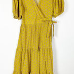FRNCH Paris Yellow Floral Wrap Midi Dress S V-Neck Puff Sleeves Cinch Waist Tie Photo 0