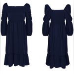 NEW Navy Blue Smocked Square Neck Puff Sleeve Ruffle Hem Dress Size XL Size L Photo 3