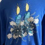 Vintage Christmas Sweatshirt Blue Embroidered poinsettia Candles XL shimmery Photo 6
