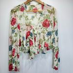 Peach Love California Sheer Floral Ruffle Hem Long Sleeve Tie Front Shrug Small Photo 1