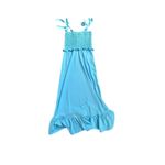 Amanda Uprichard  Gaia Dress in Pacific Blue Smocked Midi Tie Shoulder Ruffle Hem Photo 9