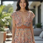 Sky ✽ Silk Plunging V Neck Corset + Stone Mini Dress ✽ Peach Print ✽ XS ✽ Celeb Pink Photo 10