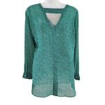 CAbi  Floral Long Sleeve V-Neck Sheer Work Blouse Green Career Wear Size Medium Photo 1