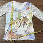 Cactus Vintage Brand Lace Sleeve Blouse Top Floral Bicycle Print Lettuce Hem Med Photo 5