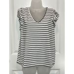 SheIn Striped Ruffle Sleeve Tie V Neck Women's Top Large L Black White Shirt Photo 7