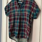 Soft Surroundings  plaid henley top rainbow multicolor 100% cotton medium petite Photo 1