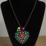 Womens Y2K‎ Vintage Chunky 3" Silver Tone Beaded Heart Chain Opera Rope Necklace Blue Photo 0