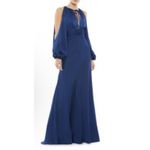 NWT IEENA Mac Duggal Plunge Neck Long Sleeve Satin Gown in Midnight Size 10 Blue Photo 14
