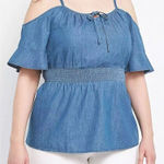Lane Bryant Blouse Denim Smocked Waist Cold Shoulder jean shirt top size 16 NWT Photo 0