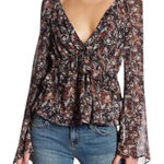 Free People  Uptown Boho Floral Tie Front Bell Sleeve Peasant Blouse Top Sz Small Photo 0
