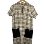 ZARA Women’s Tweed Plaid Leather Pocket Shift Mini Dress Beige Size XS Photo 1