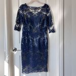 Tahari Blue Sequin Lace Sheath Cocktail Dress Size 6 Evening Wedding Guest Photo 1