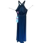 Morgan & Co Strapy Open Criss Cross Back Maxi Gown Dress Sz 7/8 Navy/White NWT Blue Photo 1