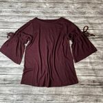 Loft Casual Knit Shirt Blouse Top Crewneck Tie Slit Mid Sleeves Burgundy XXS 2XS Photo 2