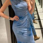 ZARA NWT Draped Printed Midi Stretchy Blue Hues Dress: Woman’s Size Small Photo 0