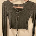 Emma & Sam  Sheer Metallic Black Crop Tie Up Top Long Sleeve Photo 1
