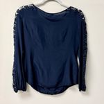 Tory Burch  Silk Floral Lace Trim Long Sleeve Round Neck Blouse Navy Women's 0 Photo 3