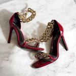 True Religion Red Gold Patent Chain Ankle Strap Heels Size 8.5 Photo 0