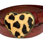 Leopard Heart Buckle Western Chevron Embossed Leather Belt Brown Calf Hair Boho Size L Photo 0