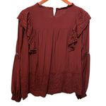Knox Rose Y2K  Women Boho Top L Maroon‎ Ruffle Eyelet Babydoll Cottage Romantic Photo 2