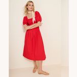 Madewell NEW Smocked Puff Sleeve Midi Dress in Poplin Cerise Red Photo 2
