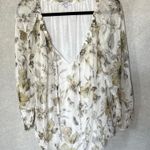 Rosemarine Floral Silk Blouse Size L Flowy Bubble Hem Tie Neckline Romantic White Size L Photo 0