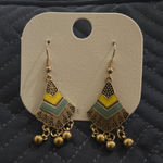 Boho Dangle Earrings Gold Tone Yellow‎ Teal Diamond Geometric Drop Photo 0