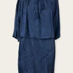 Apiece Apart Dress Cape Sleeve Layered Sheath Tasseled Cupro Navy Blue Size 6 Photo 0
