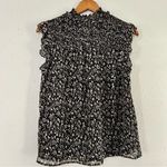 Pleione 🦋  Black Tan Floral Ruffle Tie Neck Short Sleeve Blouse Small Office Photo 3