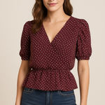 Paper Crane Burgundy Polka Dot Faux Wrap Blouse S Puff Sleeve Peplum Retro Pinup Photo 0