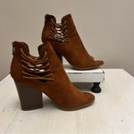 Bamboo Women’s  Brown Tan Suede‎ Zipper Back Lace Sides Peep Toe Heels Size 9 Photo 1