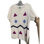 None Y2K 90’s Women's Short Sleeve V-Neck Ribbed Knit Abstract Print Sweater White Si Photo 2