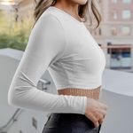 White Long Sleeve Crop Top with Rhinestone Trim Photo 3