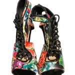 Just Fab Size 7 Black Floral Lace Up Open Toe Heels Shoes Photo 1