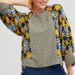 Chico's  Gold Blue  Medium Geometric Print‎ Pintuck Top Raglan Sleeves Split Photo 13